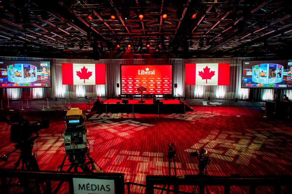 View of the inside of the Palais des Congres in Montreal, ready for Team Trudeau and supporters election night event in Montreal, Canada on Oct 21, 2019. — AFP