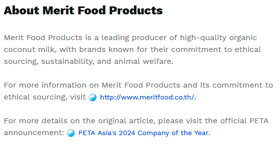 $!Merit Food Products Named PETA Asia’s 2024 Company of the Year