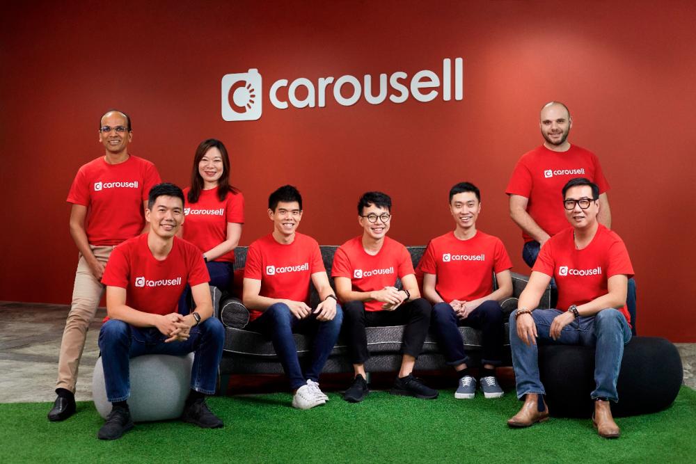 Seated from left: Carousell growth &amp; strategy senior vice president JJ Chia, operations vice president Tan Su Lin, co-founders Quek, Marcus Tan, and Lucas Ngoo, and CCO Lewis Ng. (Far left, standing) Rakesh and (far right) chief technology officer Igor Volynskiy.