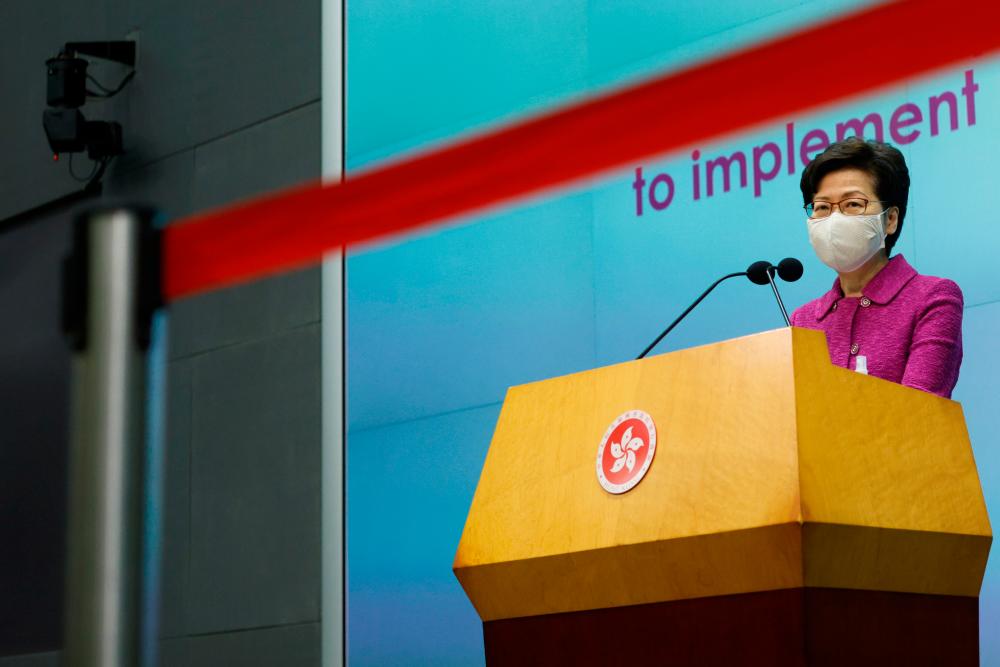 Hong Kong Chief Executive Carrie Lam speaks during a news conference over planned changes to the electoral system, in Hong Kong, China March 8, 2021. — Reuters