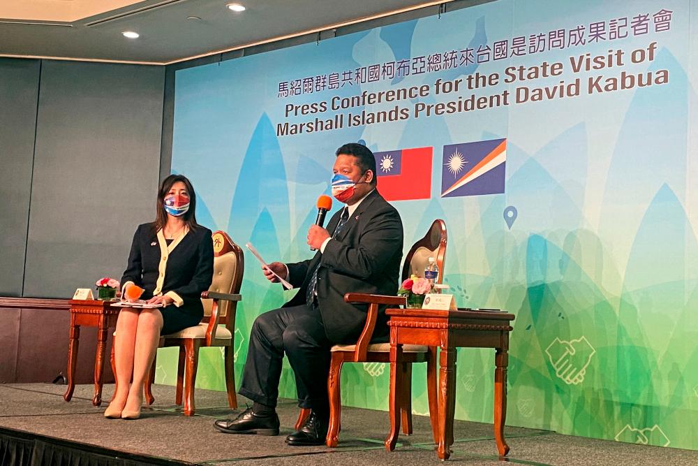FILE PHOTO: Marshall Islands Foreign Minister Casten Nemra attends a news conference with Taiwan Foreign Ministry spokesperson Joanne Ou in Taipei, Taiwan March 25, 2022. REUTERSpix