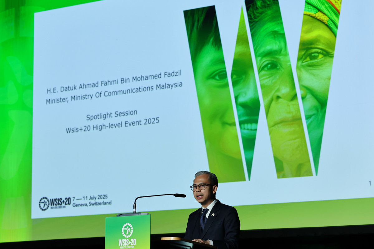 Communications Minister Datuk Fahmi Fadzil delivers a speech during a spotlight session at the World Summit on the Information Society+20 High-Level Event (WSIS+20) here, Wednesday. - BERNAMA