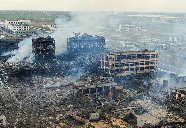 An aerial view shows damaged buildings after an explosion at a chemical plant in Yancheng in China’s eastern Jiangsu province early on March 22, 2019. — AFP