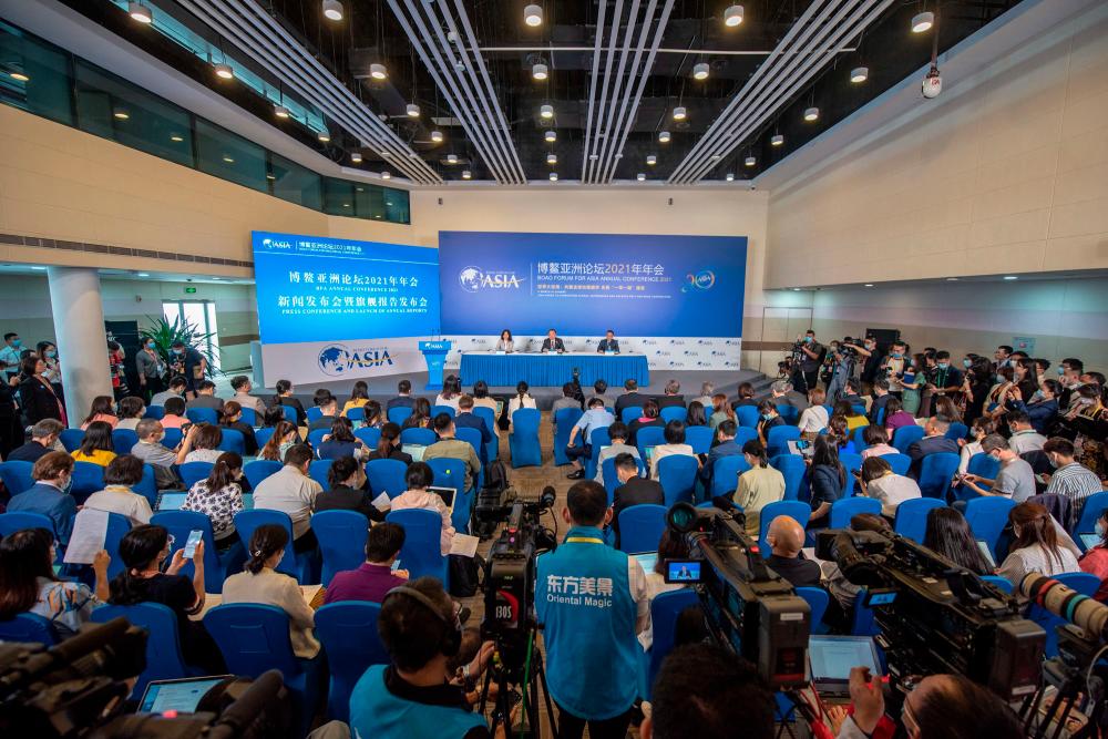A view of the Boao Forum for Asia Annual Conference 2021 press conference and the launch of annual reports on Sunday. – AFPPIX