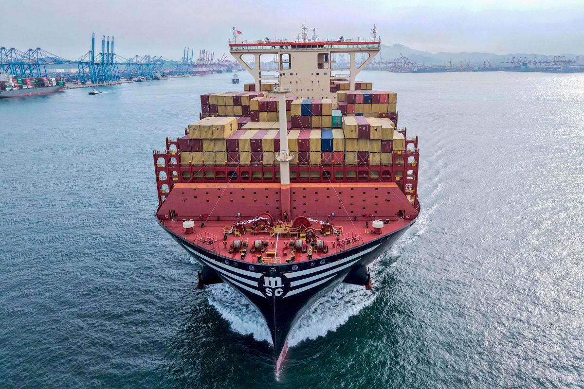 A cargo ship loaded with containers leaves the port in Qingdao, in eastern China’s Shandong province on May 7, 2025.. AFPpix
