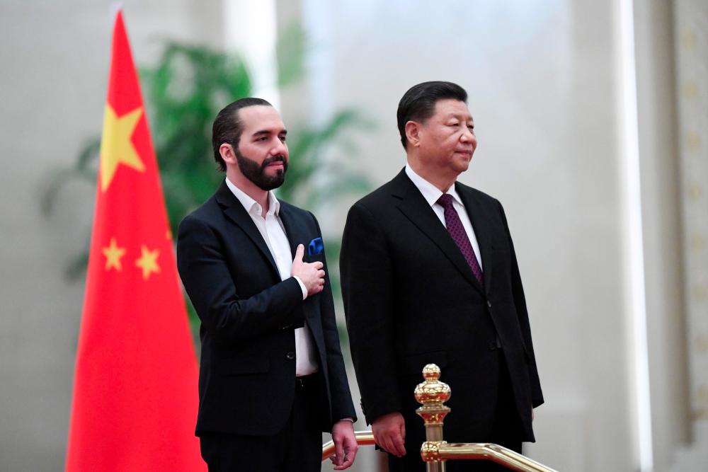 China's President Xi Jinping (R) and El Salvador's President Nayib Bukele (L) stand before they inspect an honour guard during a welcoming ceremony at the Great Hall of the People in Beijing on Dec 3, 2019. — AFP