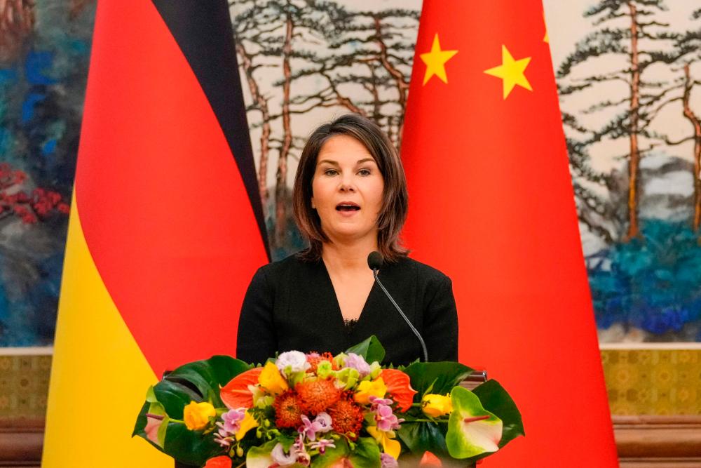 Germany’s Foreign Minister Annalena Baerbock attends a joint press conference with Chinese Foreign Minister Qin Gang at the Diaoyutai State Guesthouse in Beijing on April 14, 2023. AFPPIX