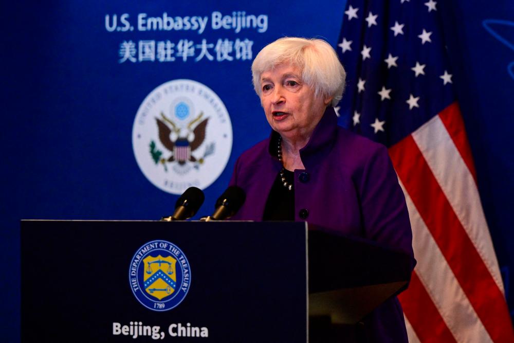 US Treasury Secretary Janet Yellen speaks during a press conference at the Beijing American Center of the US Embassy in Beijing on July 9, 2023. AFPPIX