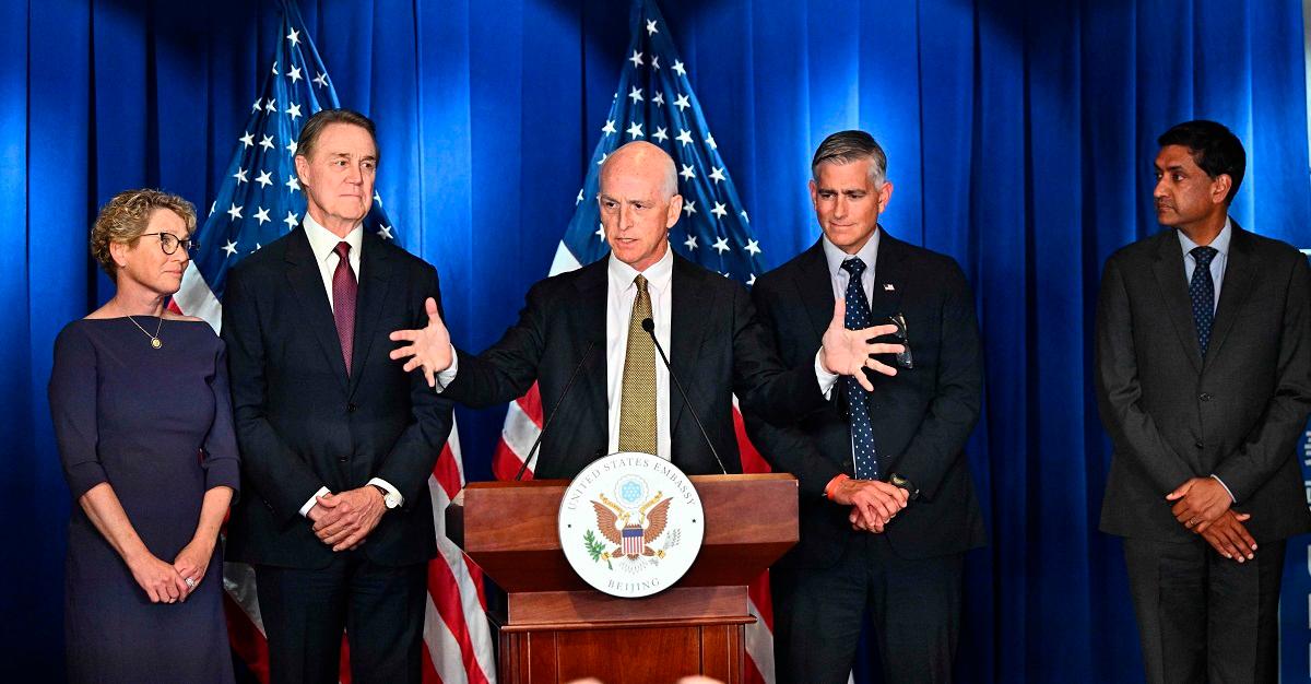 US Representative Adam Smith (C), Democratic ranking member of the House Armed Services Committee speaks flanked by (L-R) Chrissy Houlahan, Democratic member of House Armed Services Committee, David Perdue, US Ambassador to China, Michael Baumgartner, Republican member of House Foreign Affairs Committee and Ro Khanna, Democratic member of House Armed Services Committee during a press conference at the US embassy in Beijing on September 23, 2025. - Pedro Pardo / AFP