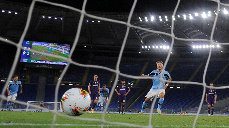 Lazio’s Ciro Immobile (2nd right) scores their first goal from the penalty spot during the Serie A match against Fiorentina at Stadio Olimpico on June 27, 2020. – REUTERSPIX