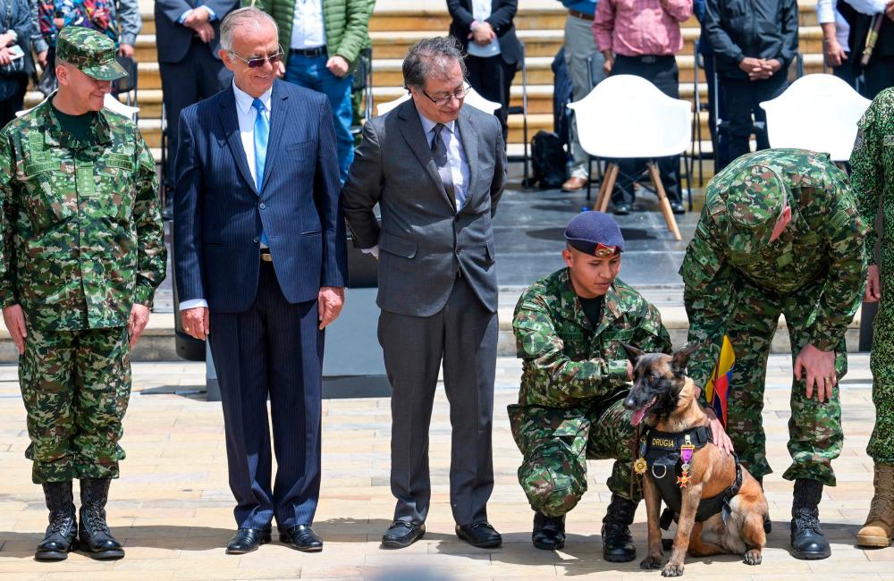 Colombian President Gustavo Petro (C) and his Defence Minister Ivan Velasquez (2-L) look at the dog Drugia, mother of Wilson, the rescue dog who disappeared in the search for four missing indigenous children in the Colombian Amazon, at the Presidential Palace of Nariño in Bogotá, on June 26, 2023/AFPPix