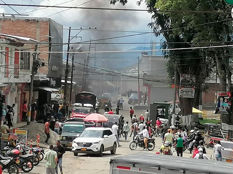 View of a scene where a motorcycle bomb exploded near the police station in Morales, department of Cauca, Colombia, taken on February 24, 2025. - Pedro CEBALLOS / AFP