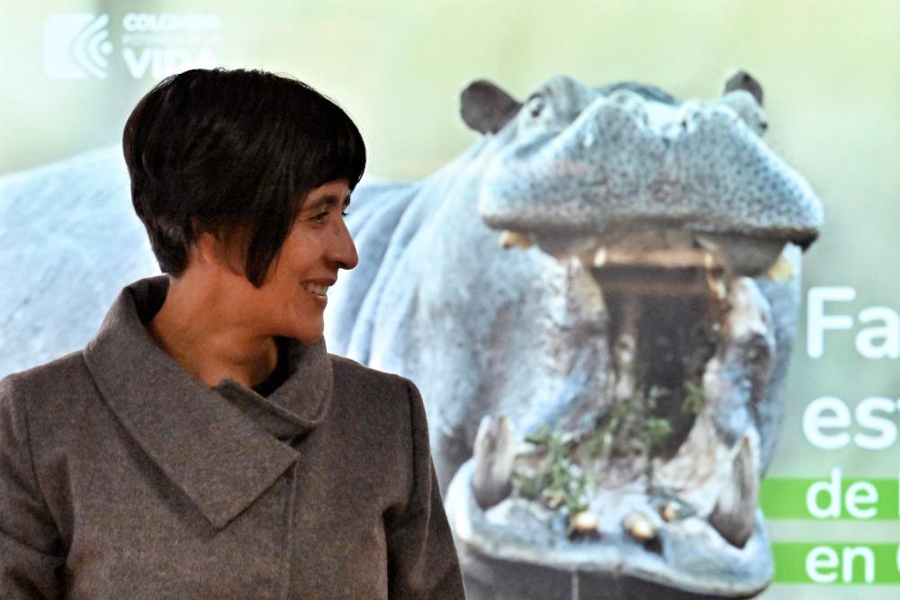 Colombia’s Environment Minister Susana Muhamad smiles during a press conference to announce that some of the 166 hippopotamuses belonging to slain cocaine baron Pablo Escobar will be euthanized, in Bogota on November 2, 2023/AFPPix