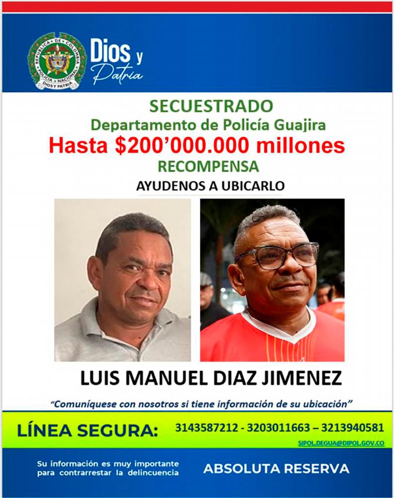 Handout image released Colombia’s National Police on October 29, 2023, offering a reward of 200 million Colombian pesos (around 50,000 US dollars) for information related to the kidnapping of Luis Manuel Diaz (pictures here), the father of Liverpool FC forward Luis Diaz/AFPPix