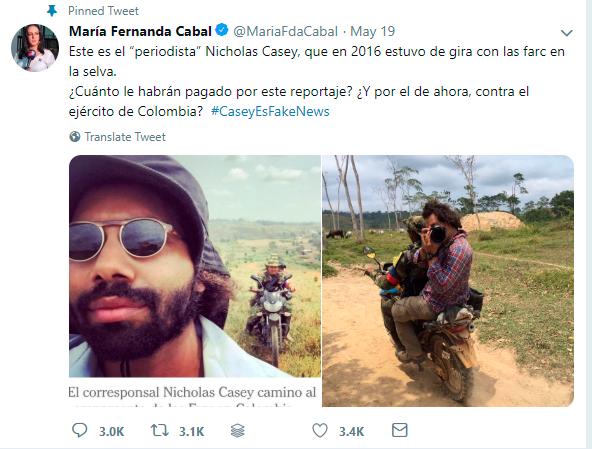 Screenshot of Maria Fernanda Cabal’s Twitter post on New York Times journalist Nicholas Casey. — AFP