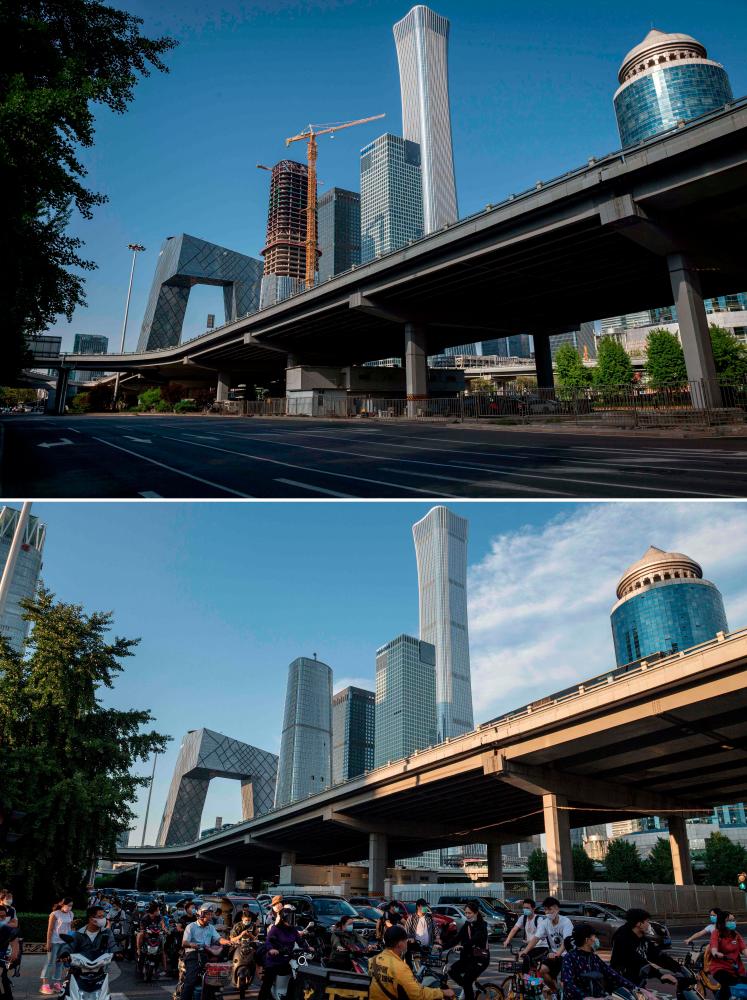 (COMBO) This combination of images shows a file photo (top) taken on April 23, 2020 of a nearly empty road as people stay home due to the COVID-19 coronavirus pandemic in Beijing; and the same view (bottom) taken on September 2, 2020 of people travelling along the street during the evening rush hour. Streets in China have become busy again after the coronavirus outbreak shuttered businesses and scared away tourists, and now the travel industry is looking to this week’s national holiday to ramp up spending. / AFP / NICOLAS ASFOURI