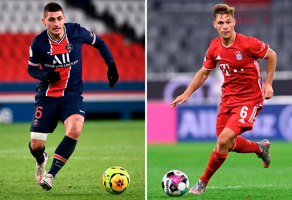 PSG’s midfielder Marco Verratti (L) and Bayern’s Joshua Kimmichwill will play in the UEFA Champions League second leg quarterfinal football match on April 13, 2021, in Paris – AFPPIX