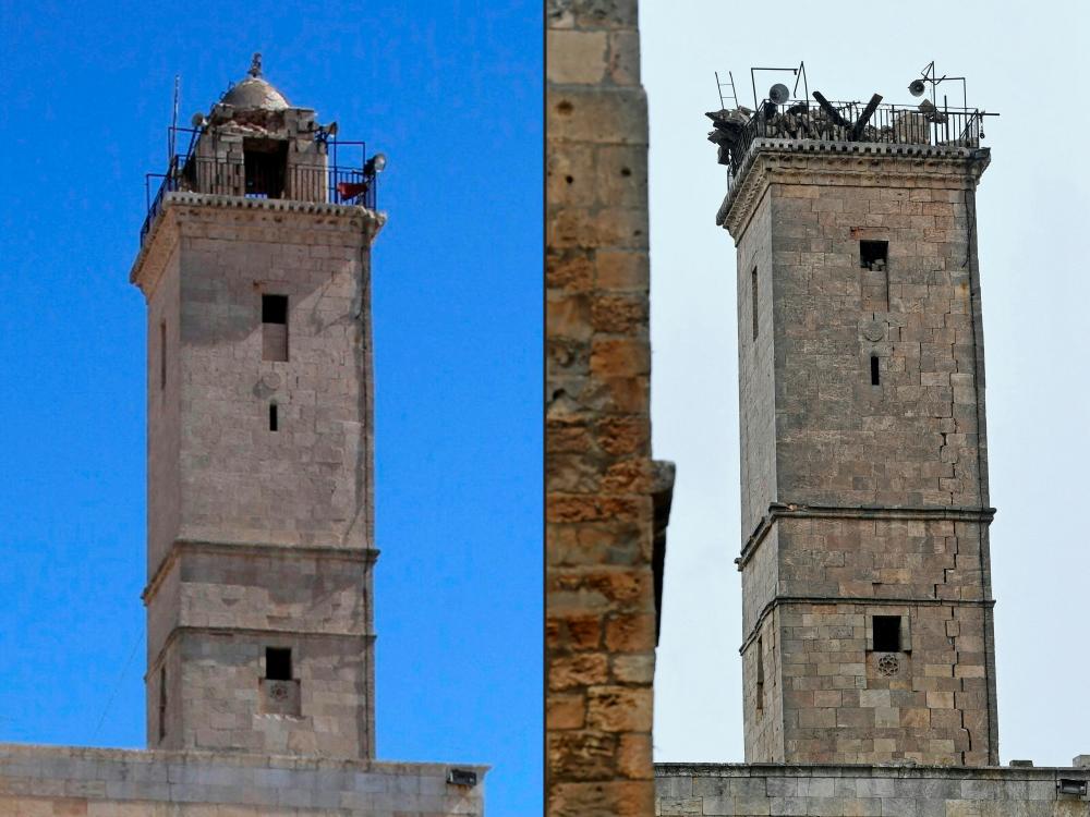 A picture taken on July 3, 2016, showing the minaret of the mosque inside of the UNESCO-listed citadel, in the regime-controlled northern Syrian city of Aleppo (L) and a picture taken on February 6, 2023, of the same tower following an earthquake. AFPPIX