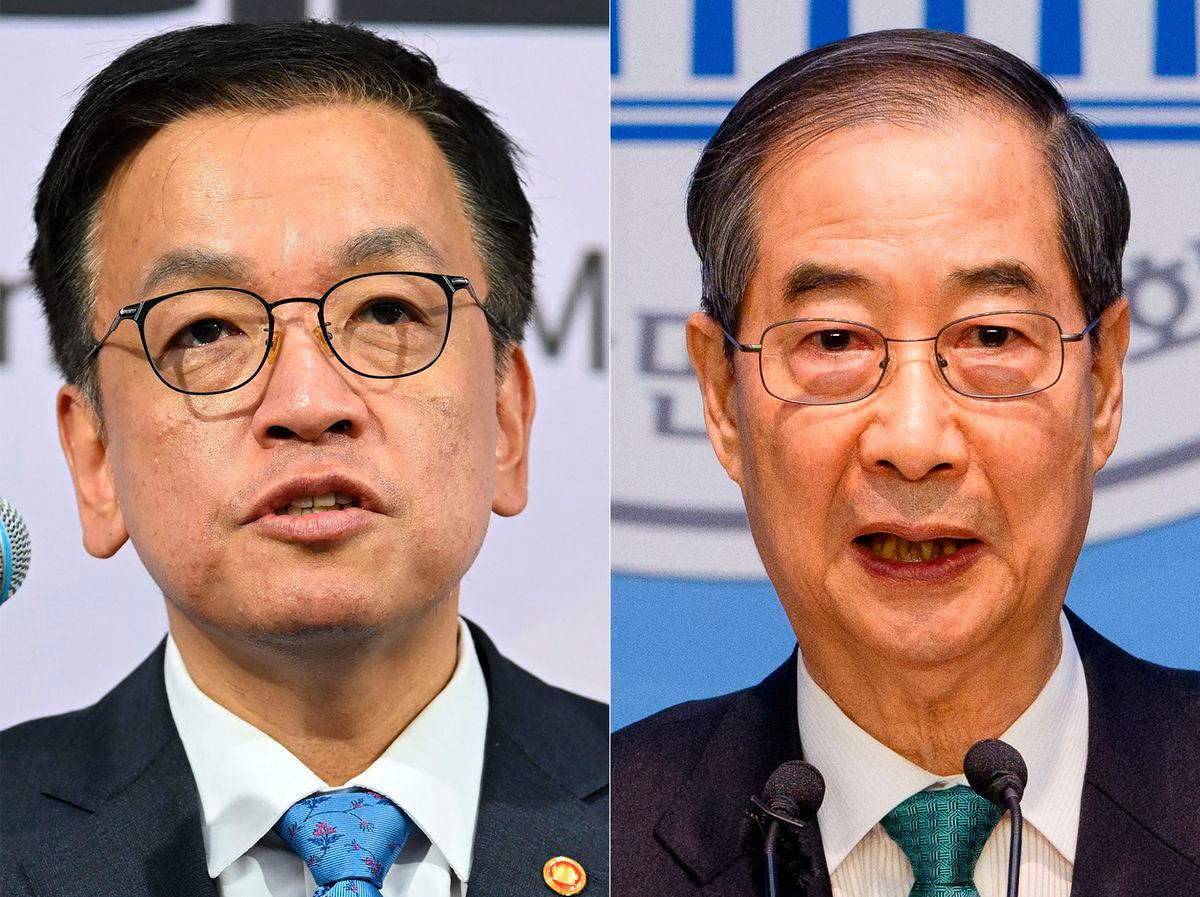 This combination of pictures made on May 27, 2025 shows South Korea’s Finance Minister Choi Sang-mok (L and former acting president Han Duck-soo. AFPpix
