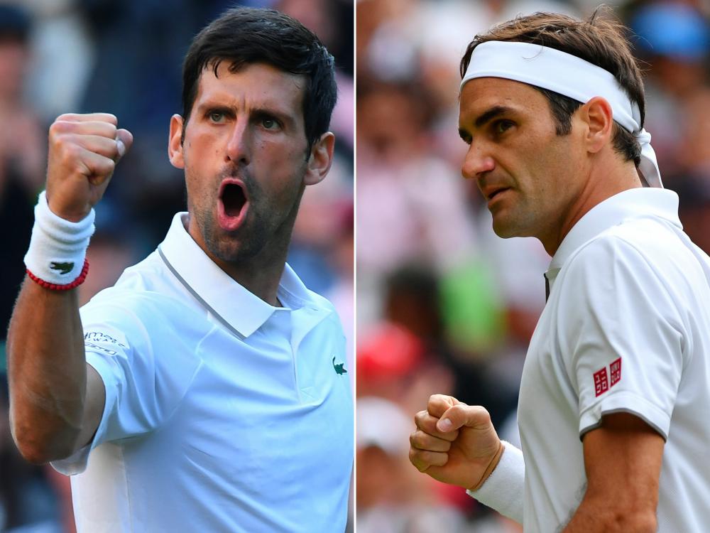 This combination of pictures shows Serbia's Novak Djokovic (L) celebrating during his men's singles second round match on the third day of the 2019 Wimbledon Championships on July 3, 2019 and Switzerland's Roger Federer celebrating after winning a point during his men's singles third round match on the sixth day of the 2019 Wimbledon Championships on July 6, 2019. - AFP