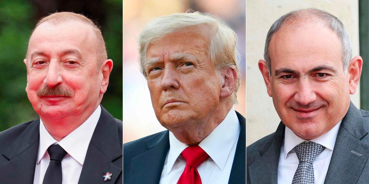This combination of pictures created on August 7, 2025 shows Azerbaijan's President Ilham Aliyev (L) in Tirana on May 16, 2025, US President Donald Trump (C) in East Rutherford, New Jersey on July 13, 2025 and Armenia's Prime Minister Nikol Pashinyan (R) in Paris on July 14, 2025. - AFPPIX