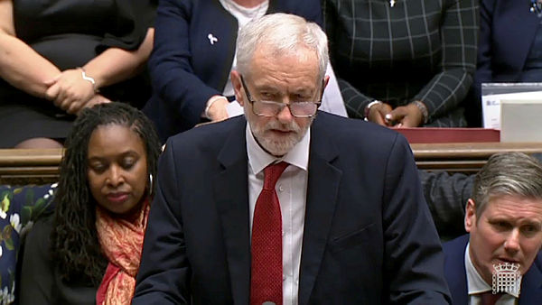 A video grab from footage broadcast by the UK Parliament’s Parliamentary Recording Unit (PRU) shows Britain’s main opposition Labour Party leader Jeremy Corbyn giving his response and tabling a motion of no confidence in the Government in the House of Commons — AFP