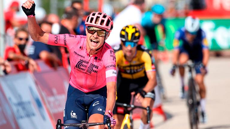 EF Education-Nippo’s Magnus Cort Nielsen celebrates as he wins the 6th stage of the 2021 La Vuelta cycling tour of Spain on Thursday. – AFPPIX