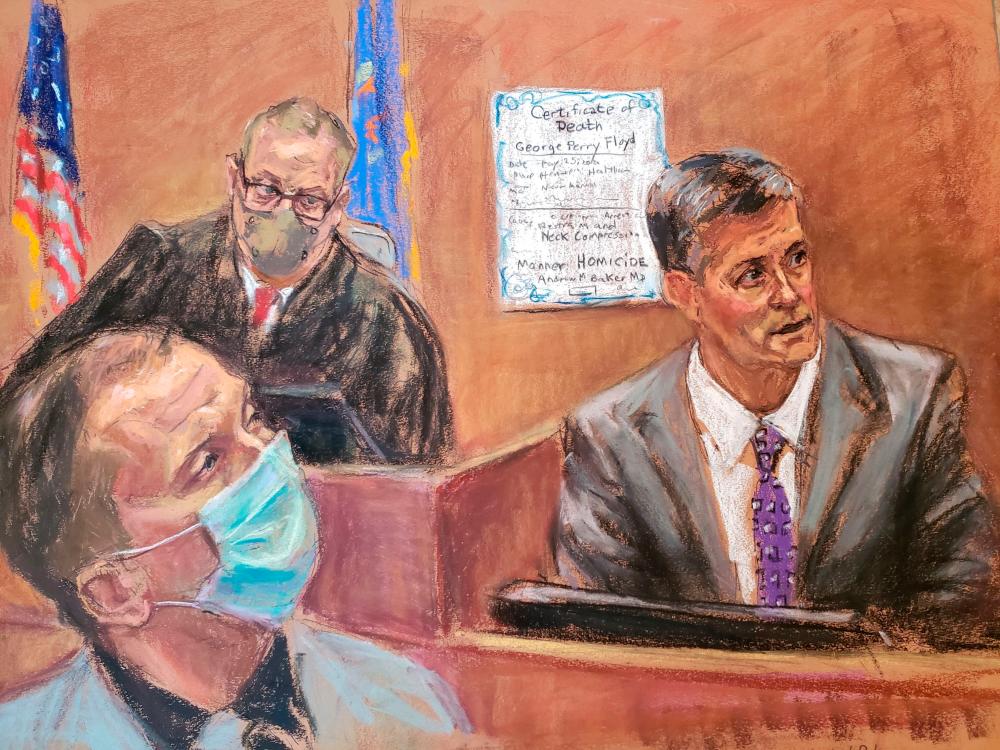 Hennepin County medical examiner Dr. Andrew Baker testifies on the tenth day of the trial of former Minneapolis police officer Derek Chauvin for second-degree murder, third-degree murder and second-degree manslaughter in the death of George Floyd in Minneapolis, Minnesota, U.S. April 9, 2021 in this courtroom sketch. — Reuters