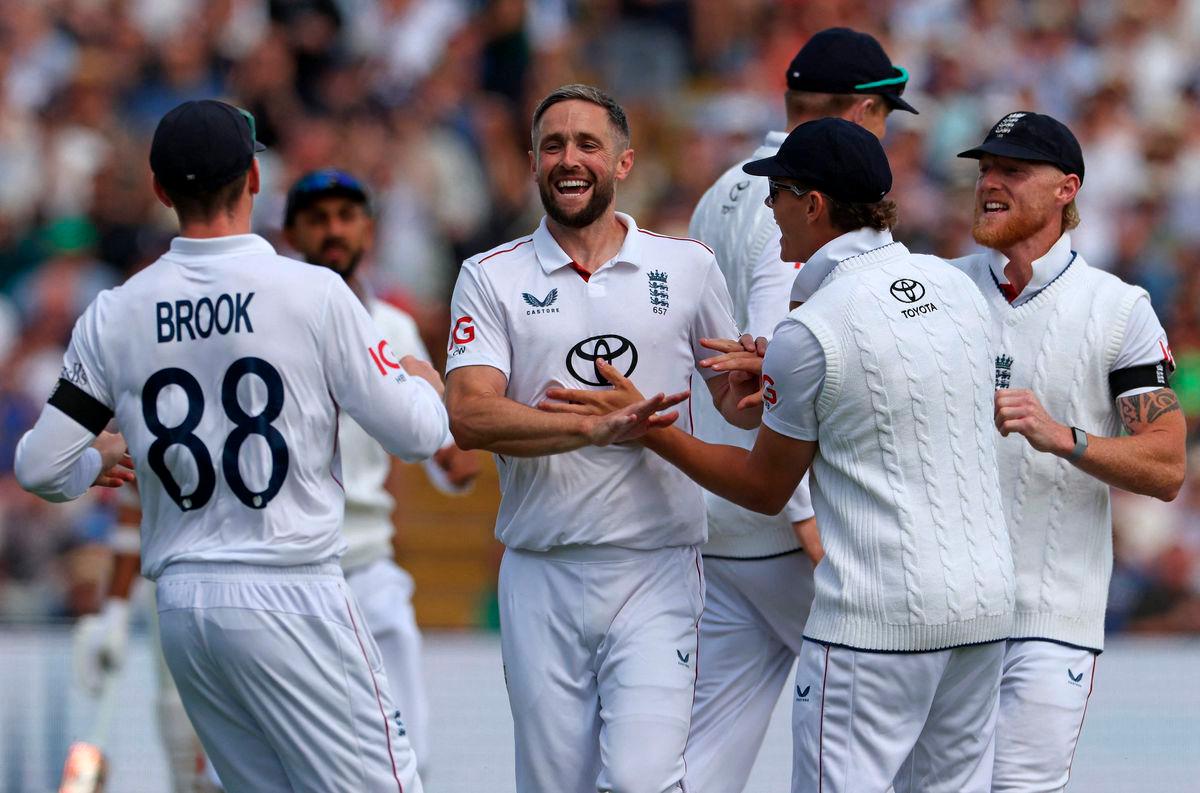 England’s Chris Woakes celebrates taking the wicket of India’s KL Rahul on the opening day of the second cricket test match between England and India at Edgbaston cricket ground in Birmingham, central England on July 2, 2025. (Photo by Darren Staples / AFP)