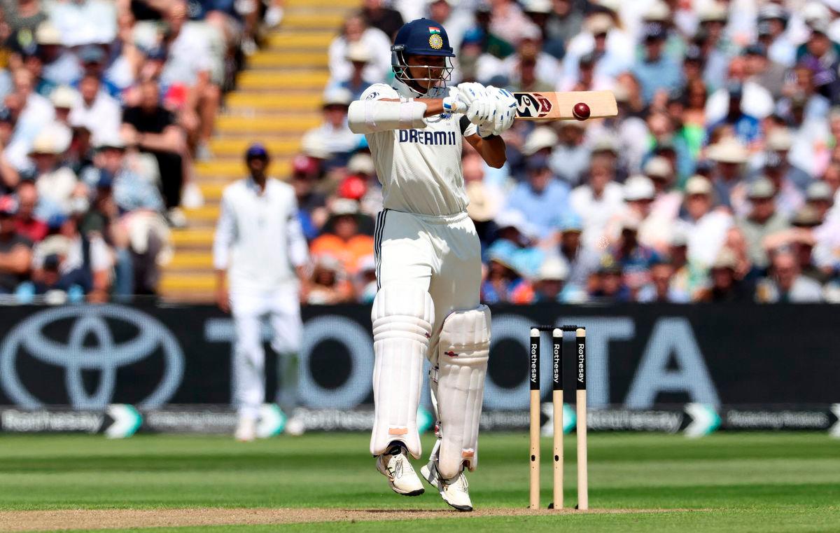 India’s Yashasvi Jaiswal plays a shot for four runs to reach his half-century on the opening day of the second cricket test match between England and India at Edgbaston cricket ground in Birmingham, central England on July 2, 2025. (Photo by Darren Staples / AFP)