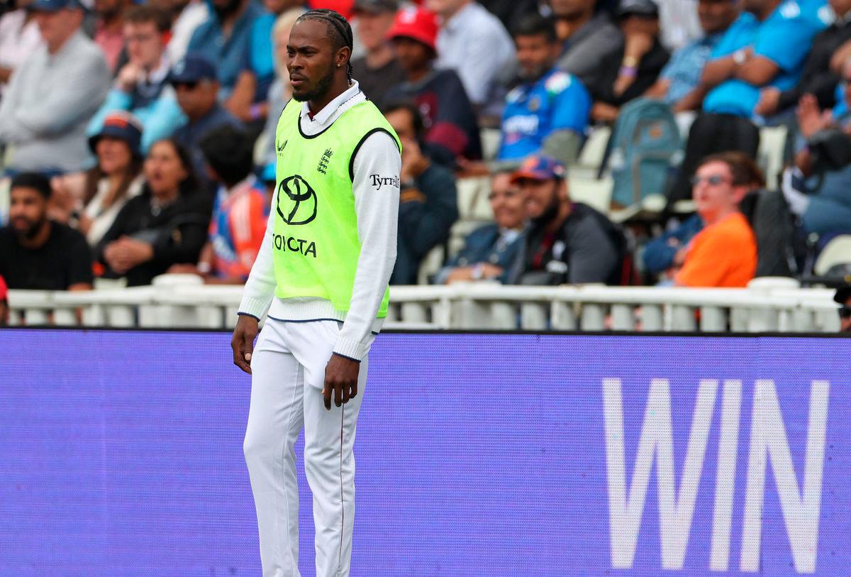 Non-playing bowler, England’s Jofra Archer watches from the boundary rope on day four of the second cricket test match between England and India at Edgbaston cricket ground in Birmingham, central England on July 5, 2025. (Photo by Darren Staples / AFP)