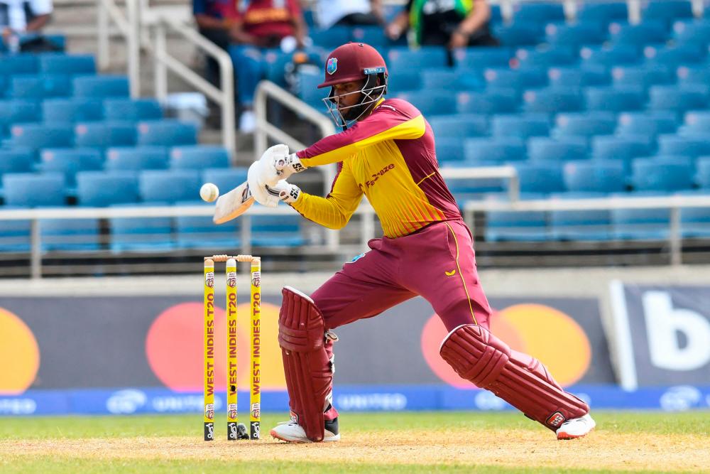 Brandon King, of West Indies, hits 4 during the third and final T20i match between West Indies and New Zealand at Sabina Park in Kingston, Jamaica, on August 14, 2022. AFPPIX