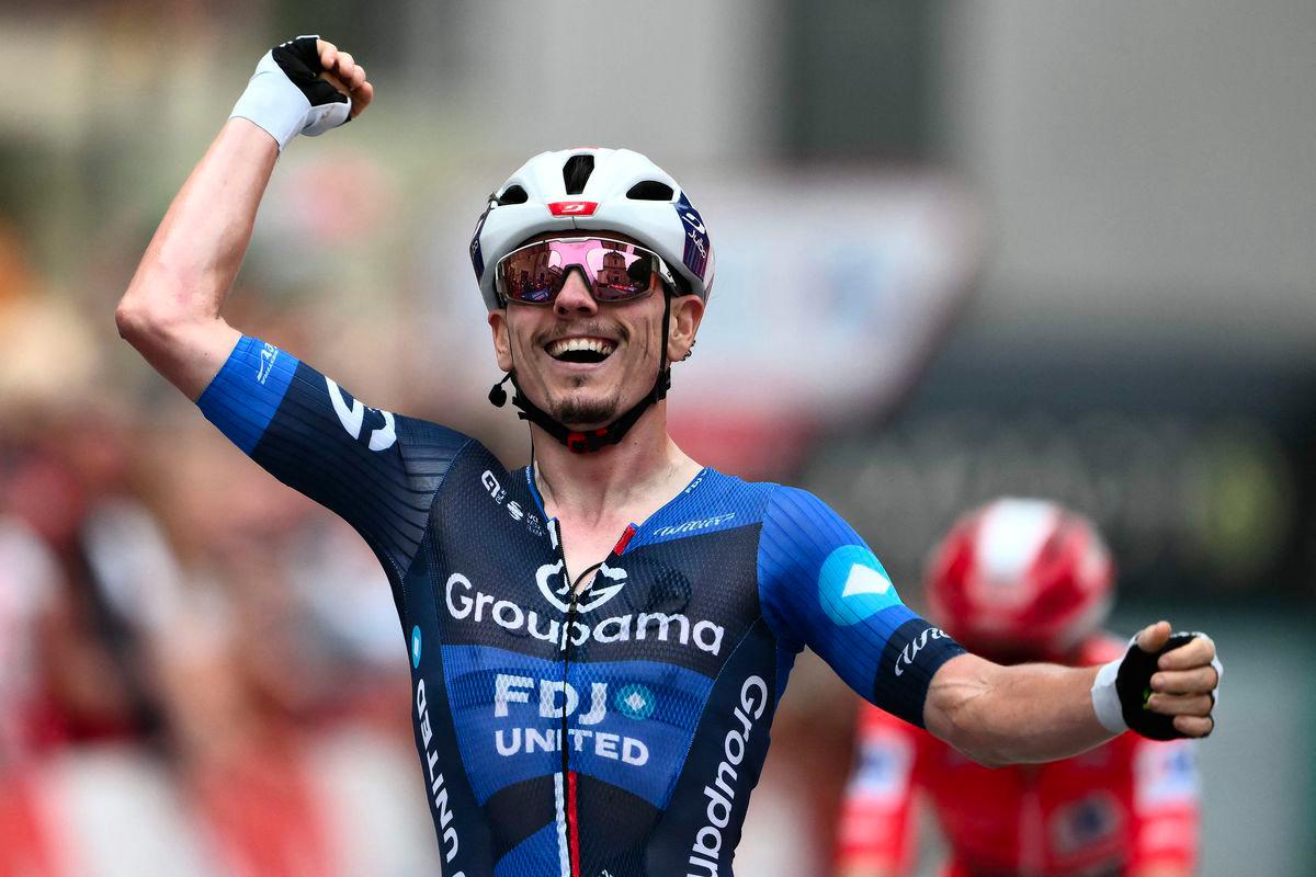 Team Groupama-FDJ's French rider David Gaudu celebrates winning the third stage of the Vuelta a Espana, a 134 km race between San Maurizio Canavese and Ceres, in Italy's Piemonte region, on August 25, 2025. - AFPPIX