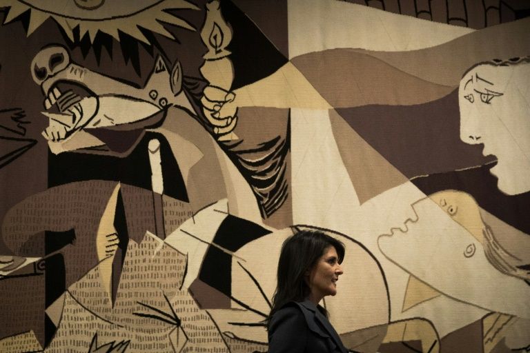 Then-US ambassador to the United Nations Nikki Haley walks past a replica of “Guernica” by Pablo Picasso at the UN headquarters in January 2018. — AFP