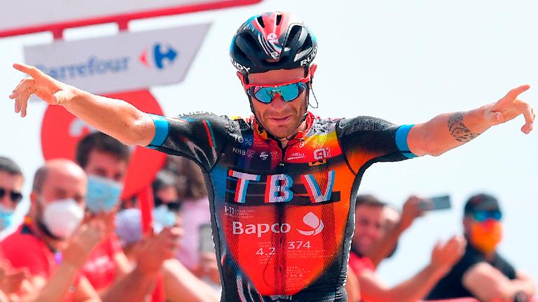 Team Bahrain’s rider Damiano Caruso celebrates as he wins the 9th stage of the 2021 La Vuelta cycling tour of Spain. – AFPPIX