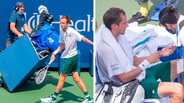 Daniil Medvedev (in green shorts) runs into the tv camera during his match against Andrey Rublev (not pictured) and he received treatment during a medical time out (right pix). – USA TODAY Sports