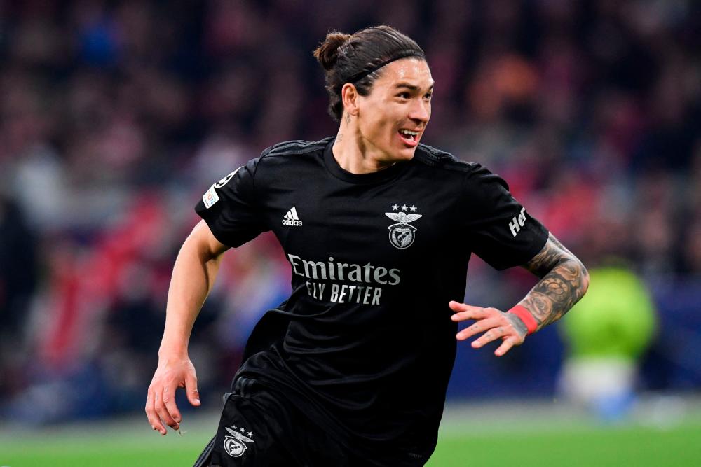 Benfica's Uruguayan forward Darwin Nunez celebrates after opening the scoring during the UEFA Champions League round of 16 second leg football match between Ajax and Benfica at the Johan Cruijff Arena, in Amsterdam, on March 15, 2022. AFPpix