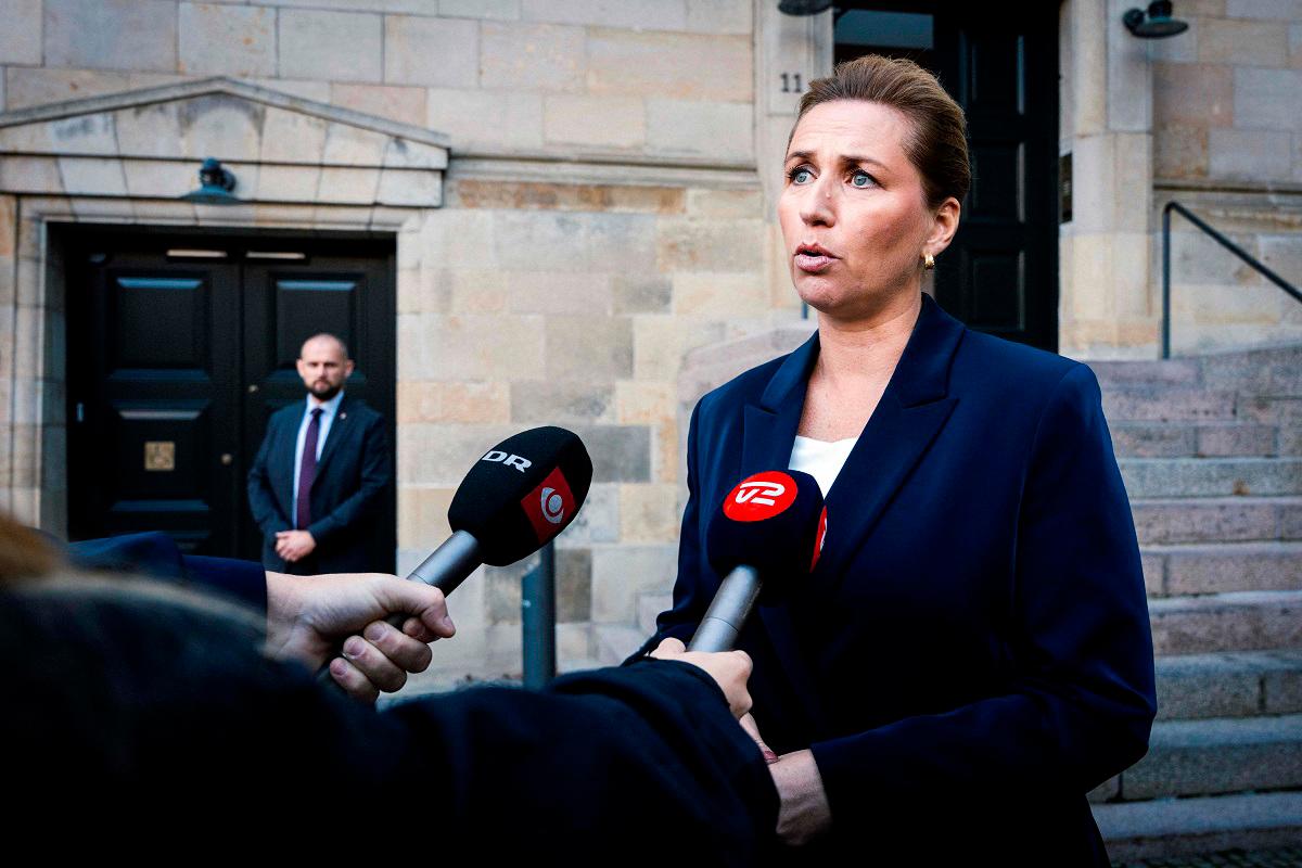 Danish Prime Minister Mette Frederiksen gives a press statement to comment on drone activity at Copenhagen Airport, in Copenhagen on September 23, 2025. - Emil Nicolai Helms / RITZAU SCANPIX / AFP