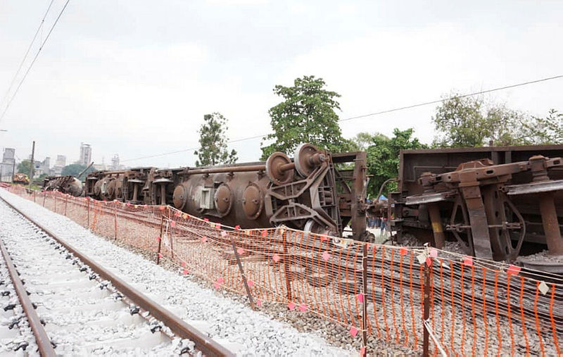 The derailed cargo train carrying cement near Rawang station, on July 18, 2019. — Bernama