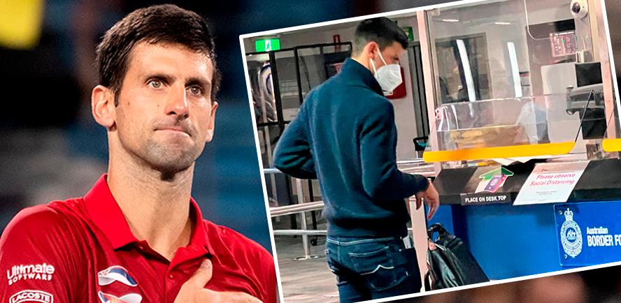 Serbia’s Novak Djokovic stands at a booth (inset) of the Australian Border Force at the airport in Melbourne, Australia.