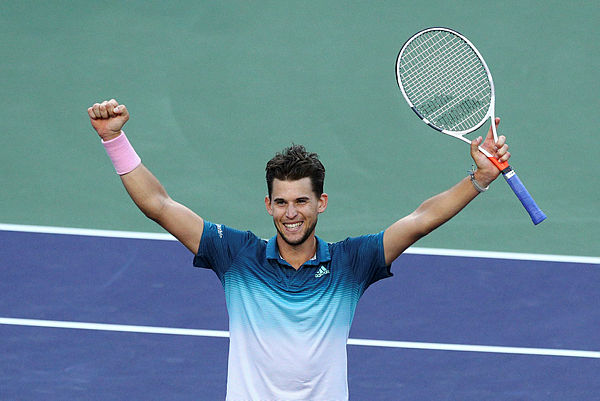 Dominic Thiem of Austria celebrates his men’s singles final victory against Roger Federer of Switzerland on Day 14 of the BNP Paribas Open at the Indian Wells Tennis Garden — AFP