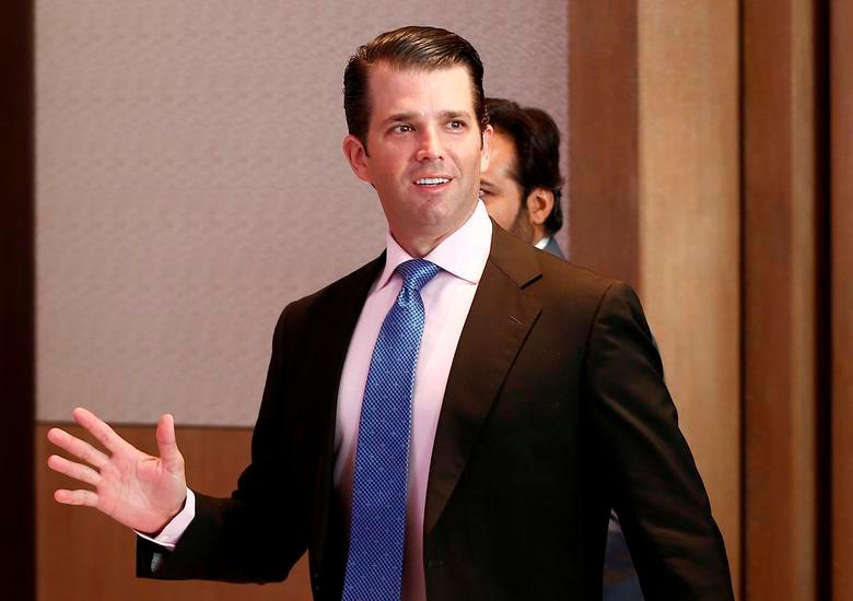 Donald Trump Jr. gestures as he arrives to attend a meeting in New Delhi, India February 20, 2018.-Reuters