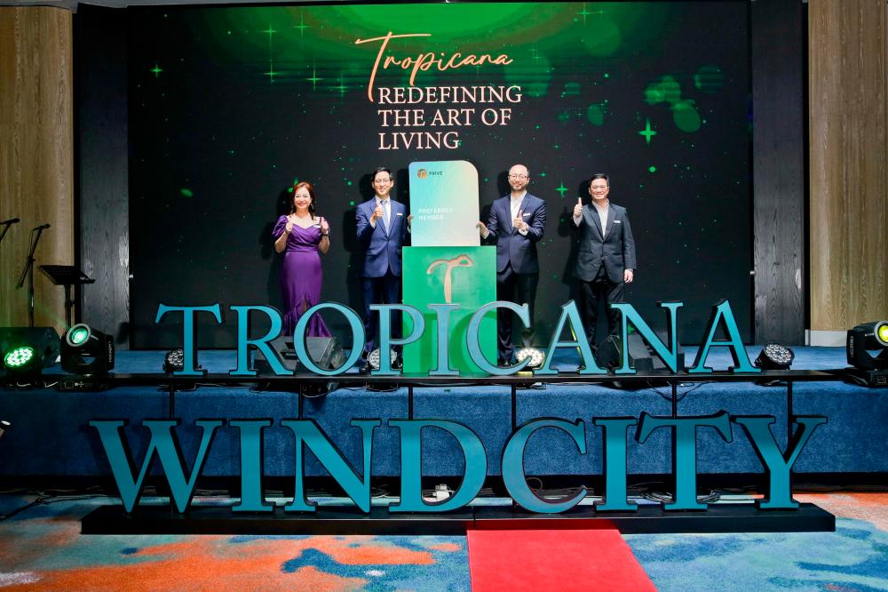 From left: Tropicana senior managing director of marketing &amp; sales Joanne Lee, group executive director Jared Ethan Ang, Tan and deputy chairman of property development Lee Han Ming at the unveiling of Tropicana WindCity and T Privilege loyalty programme.