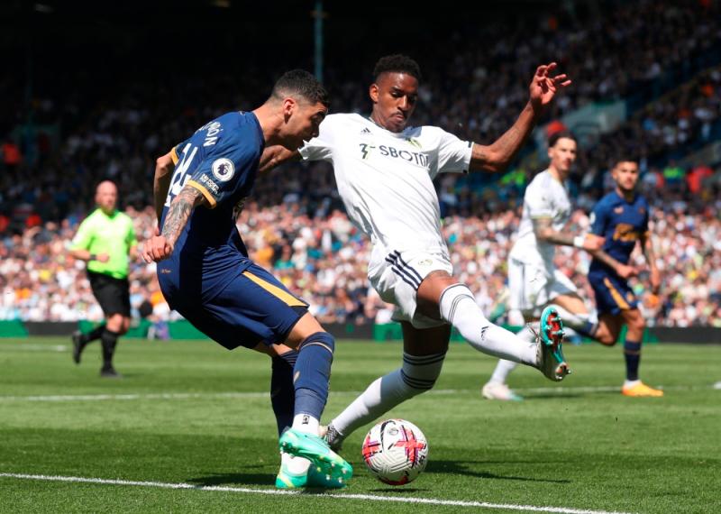 Newcastle United’s Miguel Almiron in action with Leeds United’s Junior Firpo during the Premier League match at Elland Road in Leeds//Reuterspix