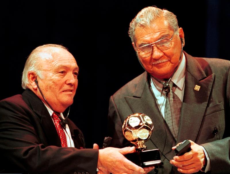 Mexico’s Antonio Carbajal (right) receiving his trophy during the IFFHS (International Federation of Football History and Statistics) award ceremony in Rotenburg near Kassel. Carbajal was the first footballer to play in five World Cups//Reuterspix