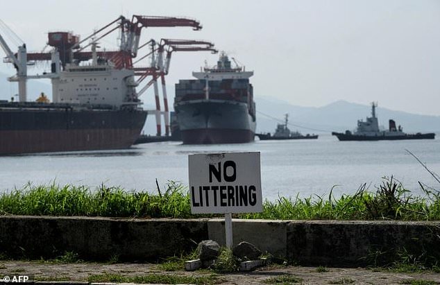 Container ship MV Bavaria, hired by Canada to take its trash back, arrives at Subic Bay in the Philippines. — AFP
