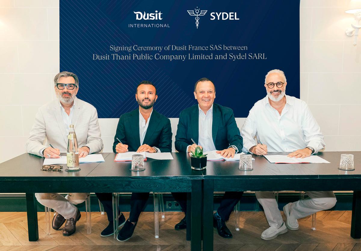 Dusit International and SYDEL formally established Dusit France at a signing ceremony held in Paris. Pictured (from left): Mr Donatien Carratier, Head of Dusit France; Mr Jordan Elbaz, Partner, SYDEL; Mr Gilles Cretallaz, Chief Operating Officer, Dusit International; and Mr David Elgrably, Partner, SYDEL.