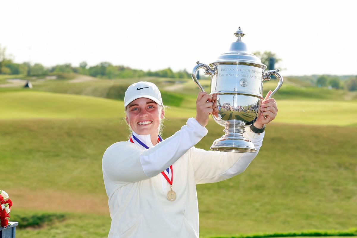 Maja Stark poses with the trophy after winning the final round of the 2025 US Women's Open. – Jason E. Miczek/USGA