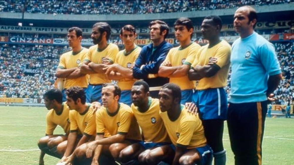 The Brazil team line up as they listen to the National Anthems before their Group Three match, They are: Back row (L-R) Captain Carlos Alberto, Brito, Piazza, Felix, Clodoaldo, and Everaldo, Front row (L-R) Jairzinho, Rivelino, Tostao, Pele, and Paulo Cesar. — Pix from FIFA