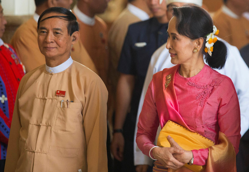 Win Myint (L) seen here with Aung San Suu Kyi praised a pact signed between Myanmar and Bangladesh. — Reuters